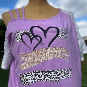 SHEIN purple off-the-shoulder top, leopard print, hearts, glitter, lace sleeves